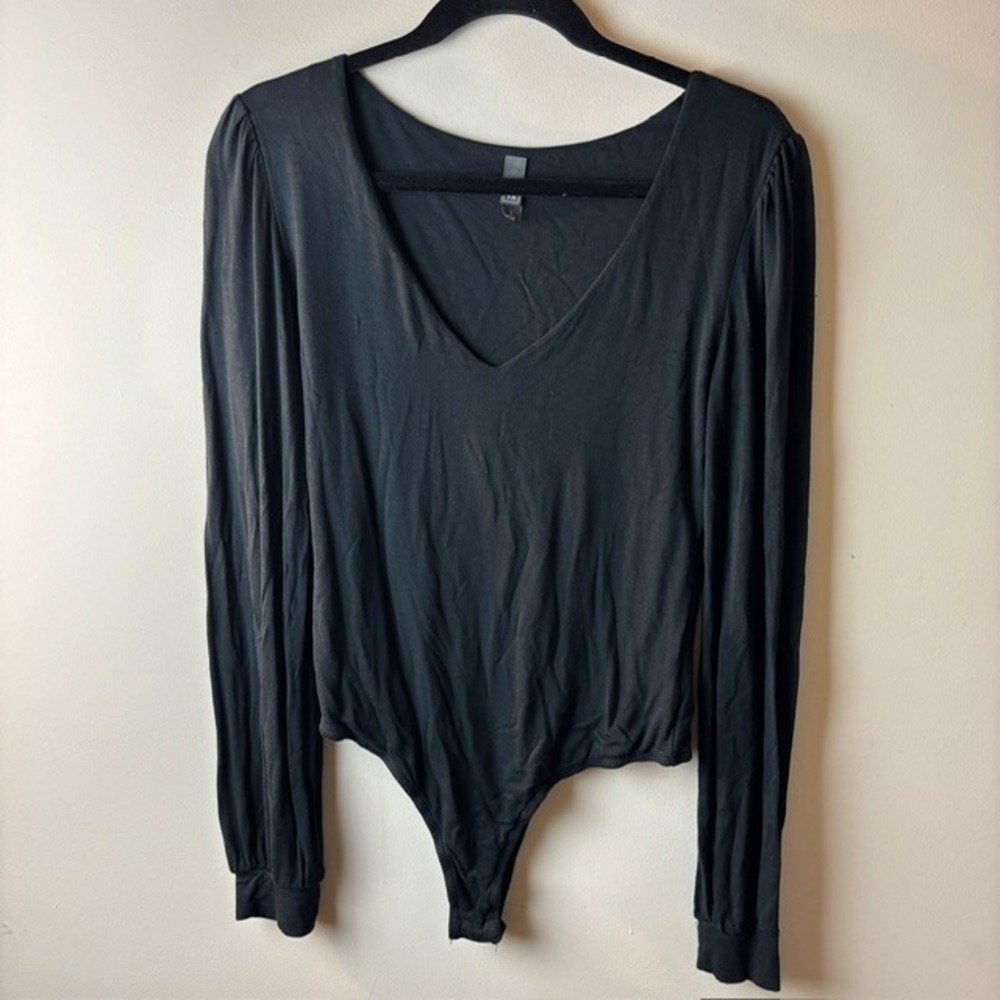 Womens Large Bodysuit Black Long Puff Sleeve V Neck Stretch Minimalist Clean